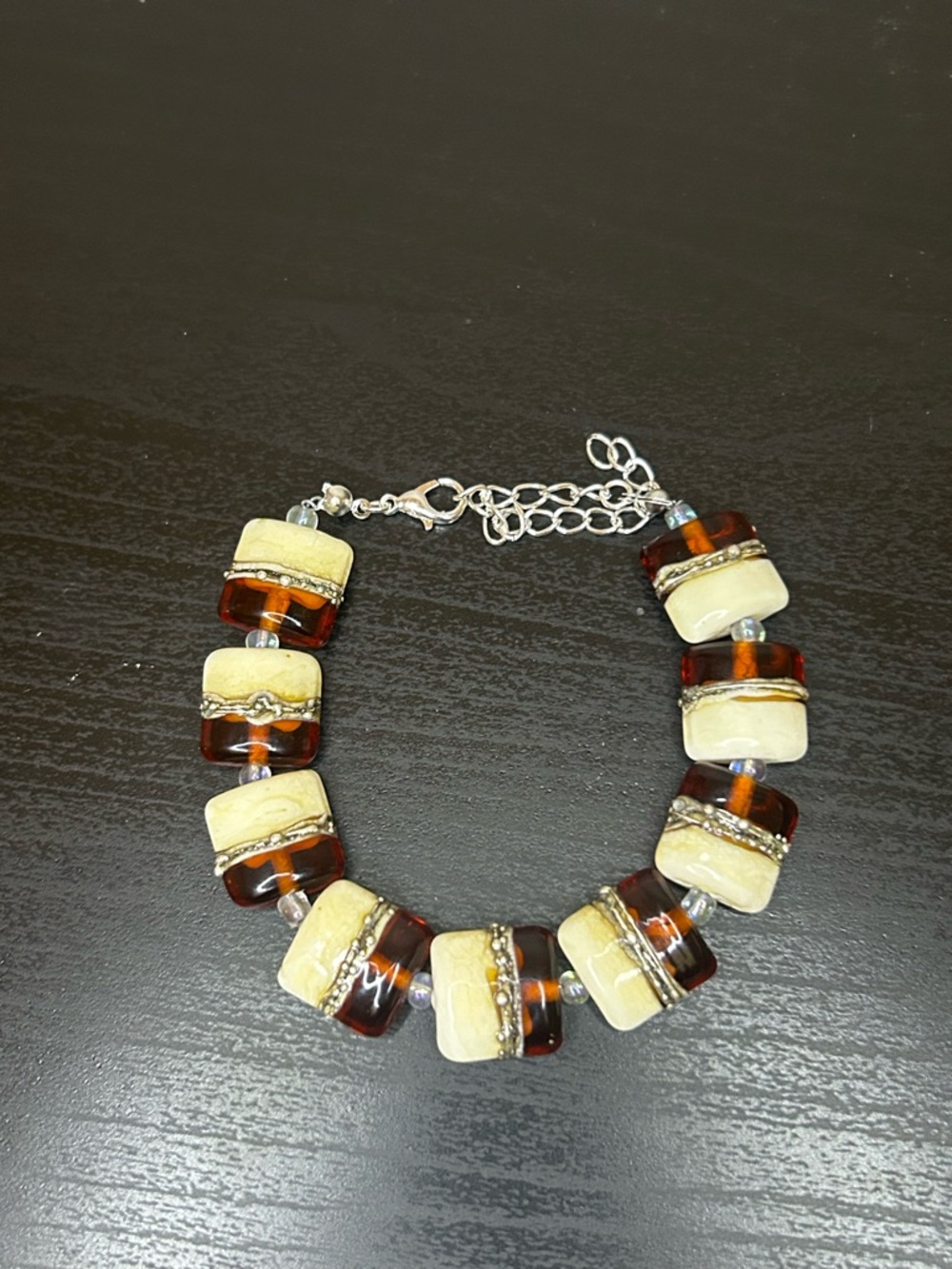 Beige and Amber Glass Bead Bracelet - Women Jewelry